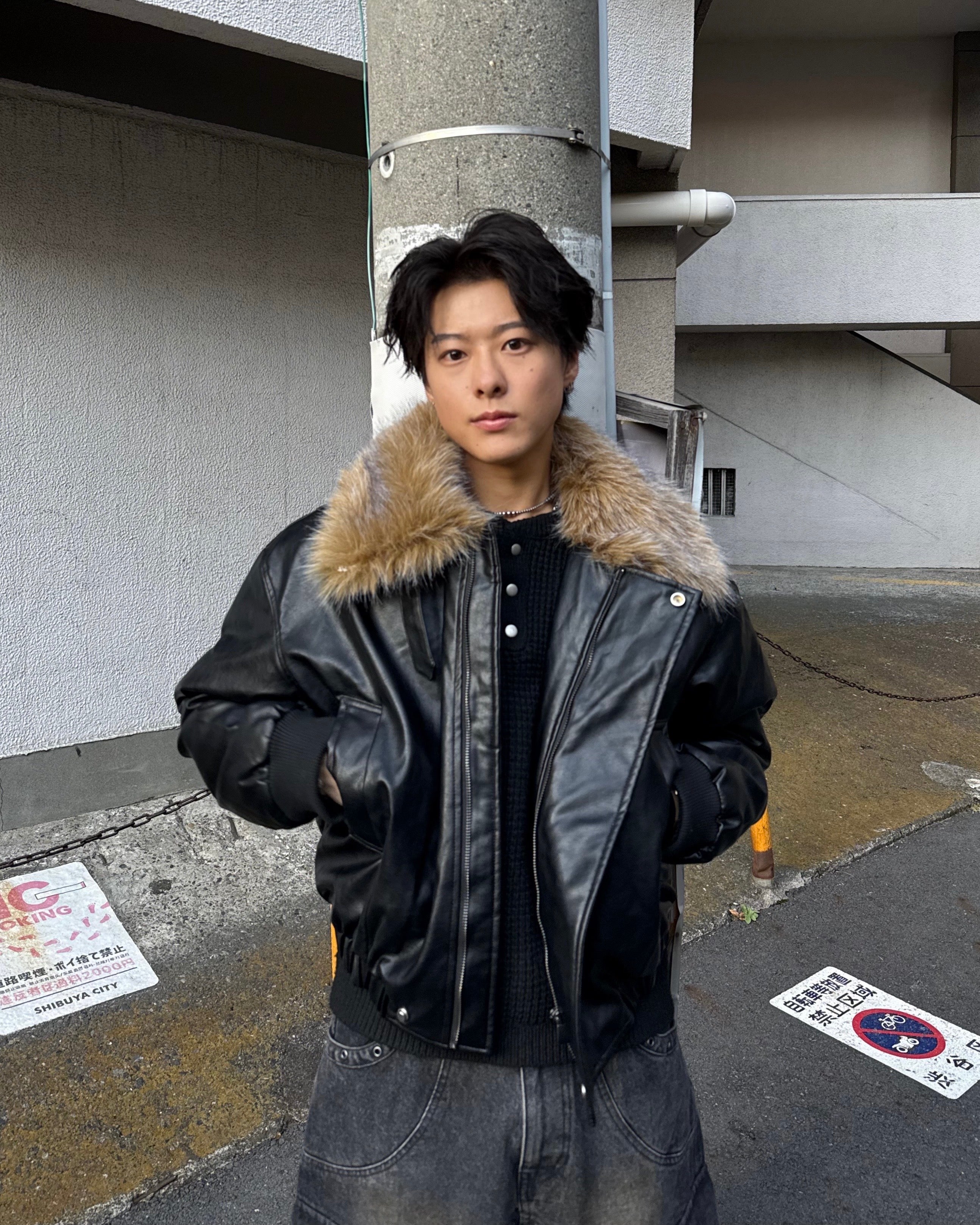 ビッグファーカラーヴィンテージPUレザージャケット KO-005