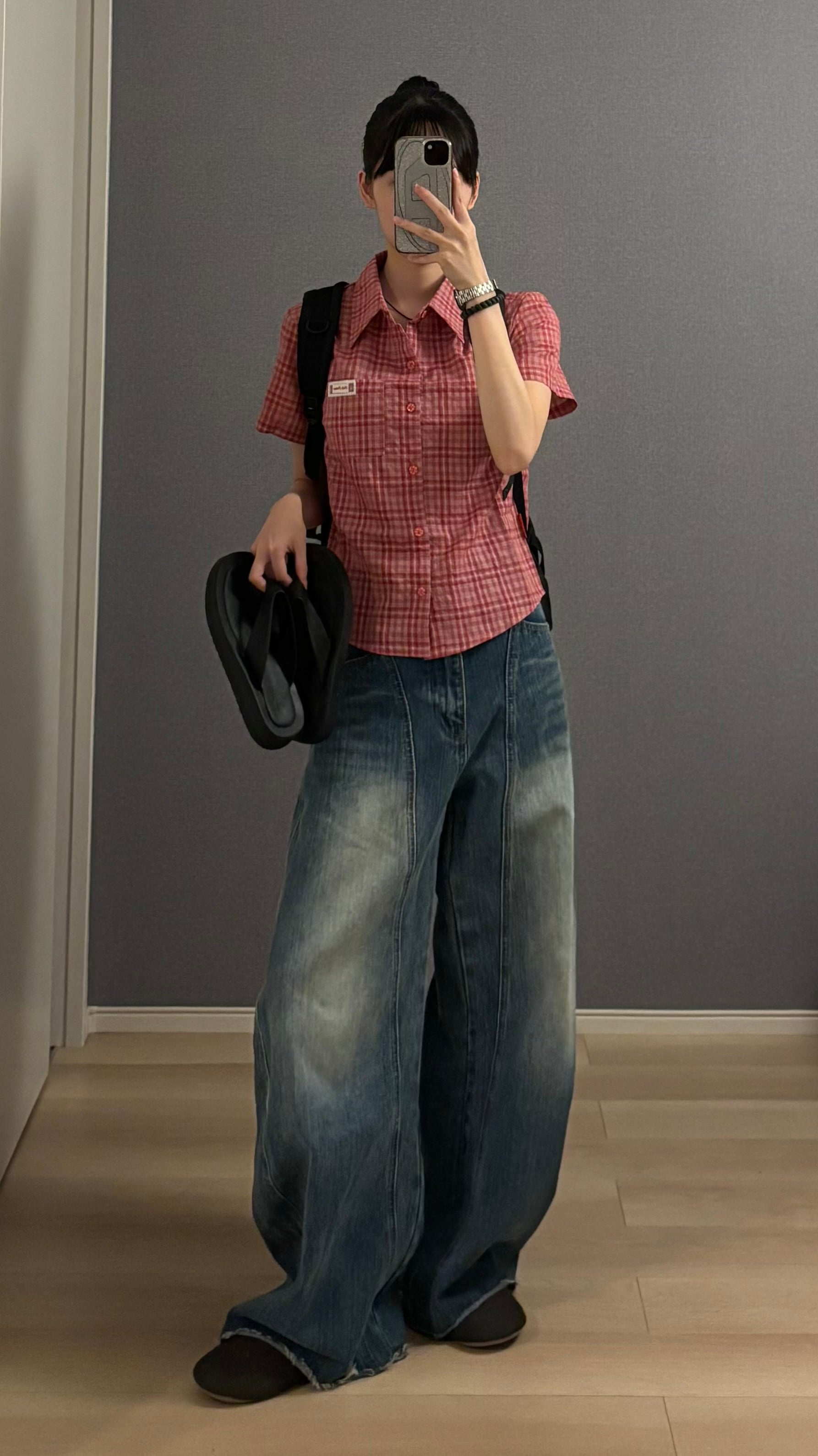 短丈タグ付きチェックシャツ s0814m-6