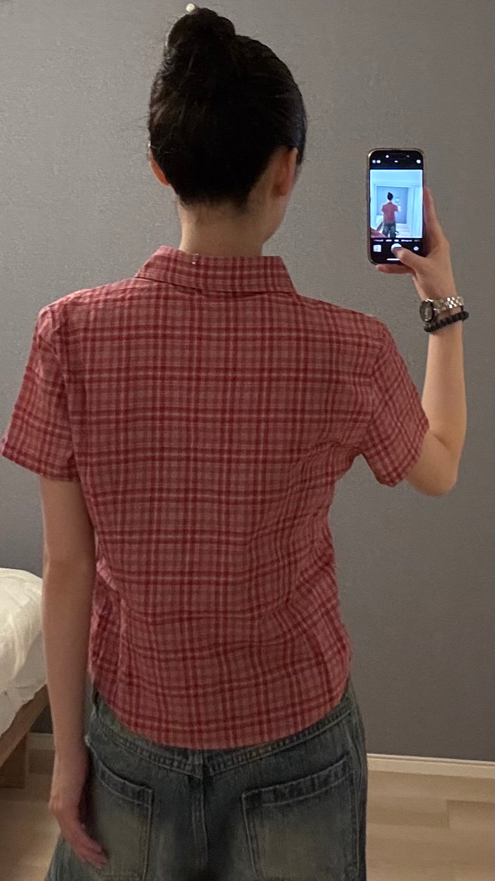 短丈タグ付きチェックシャツ s0814m-6