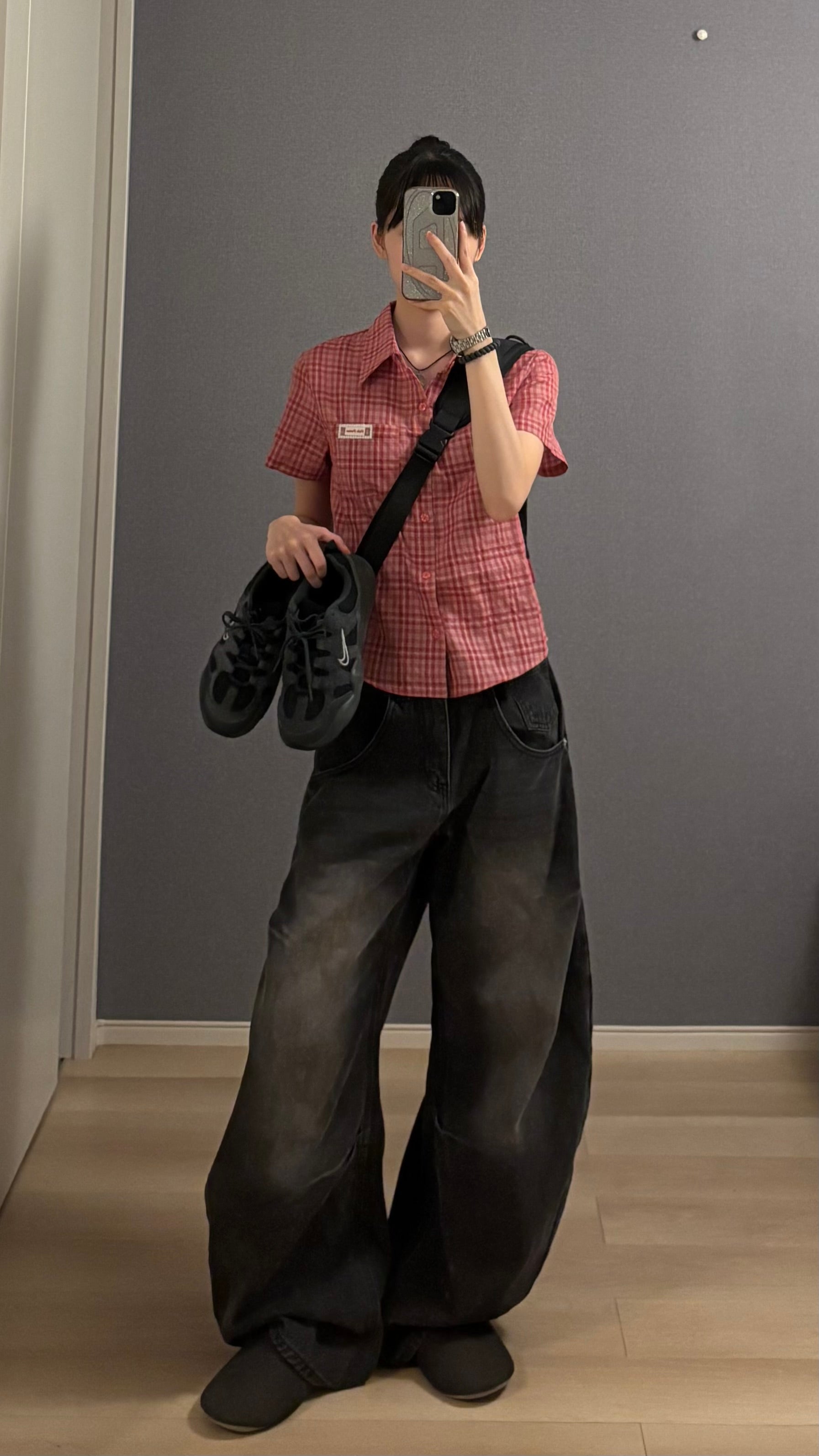 短丈タグ付きチェックシャツ s0814m-6