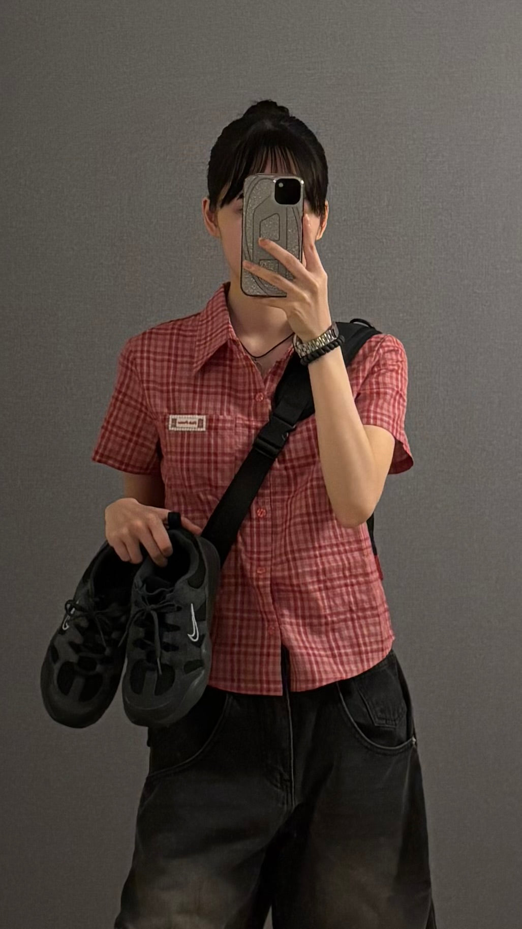 短丈タグ付きチェックシャツ s0814m-6