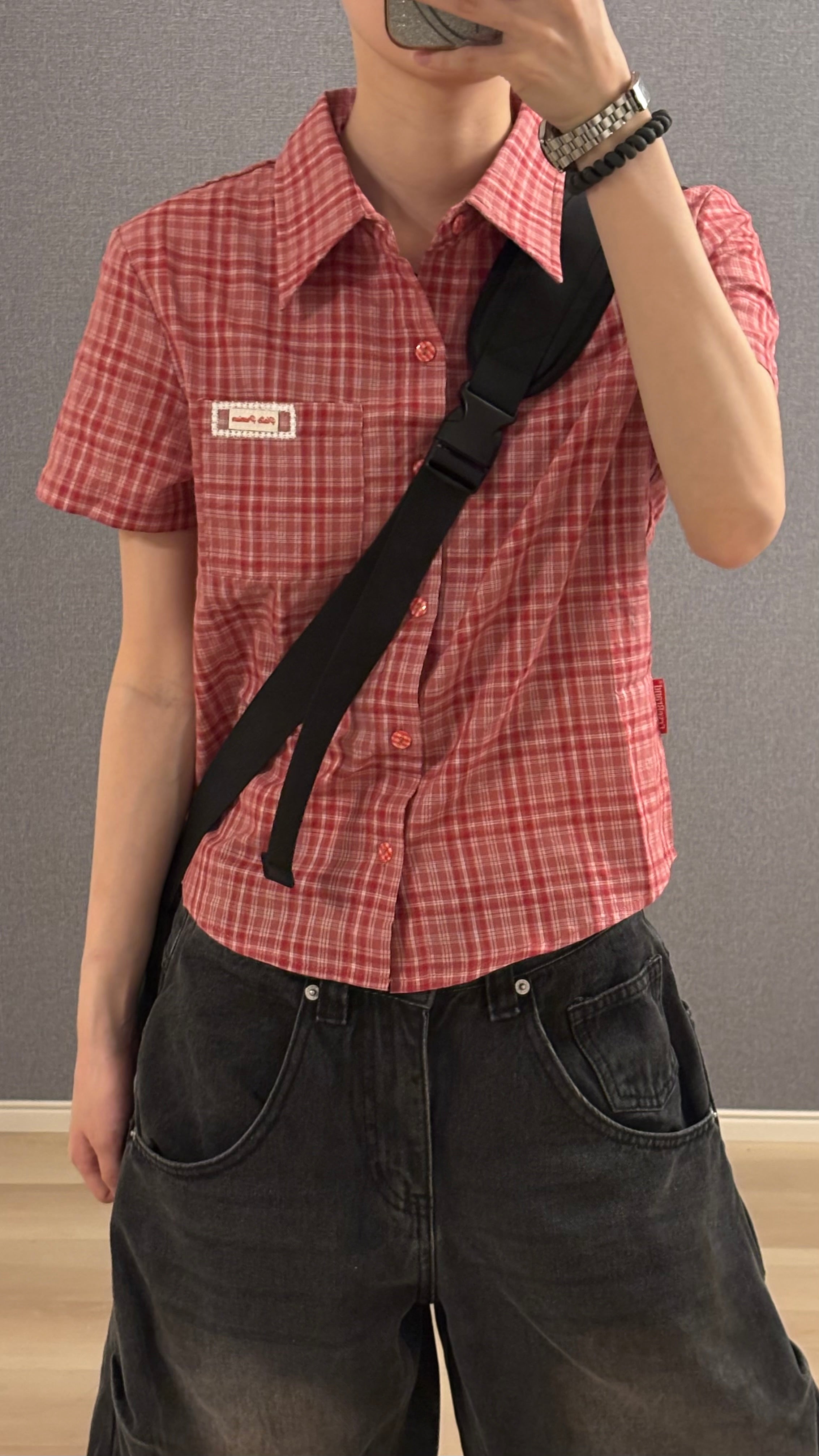 短丈タグ付きチェックシャツ s0814m-6