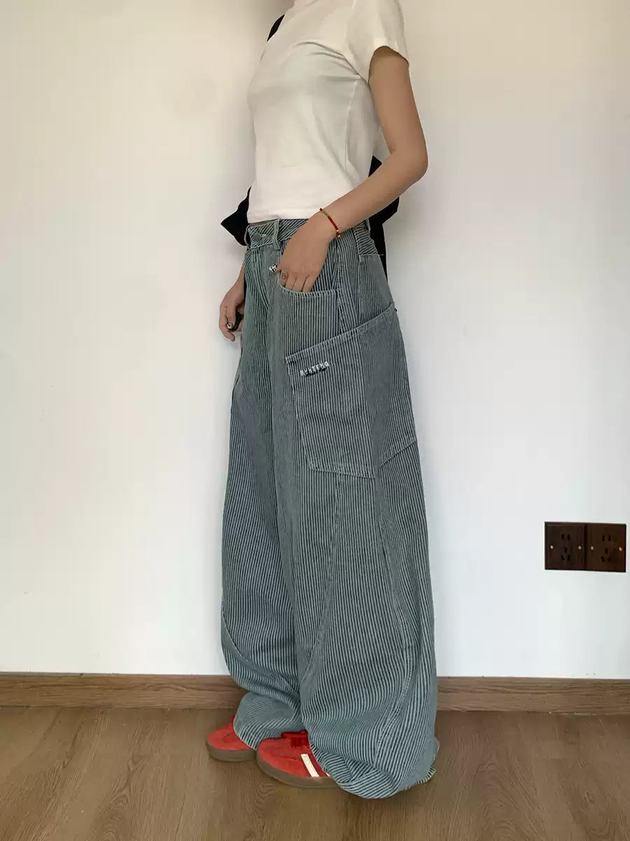 ビッグポケット付ストライプワイドデニムパンツ N417