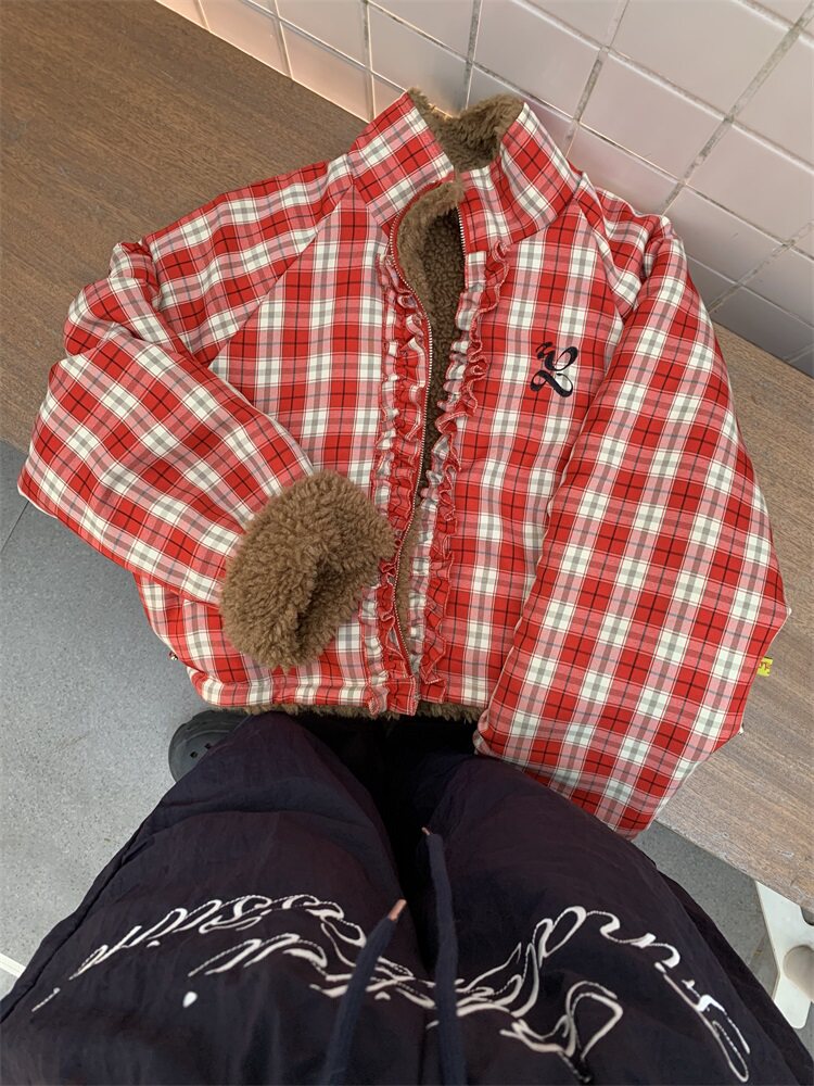 チェックフリルスタンドカラー短丈ボアジャケット PC-009