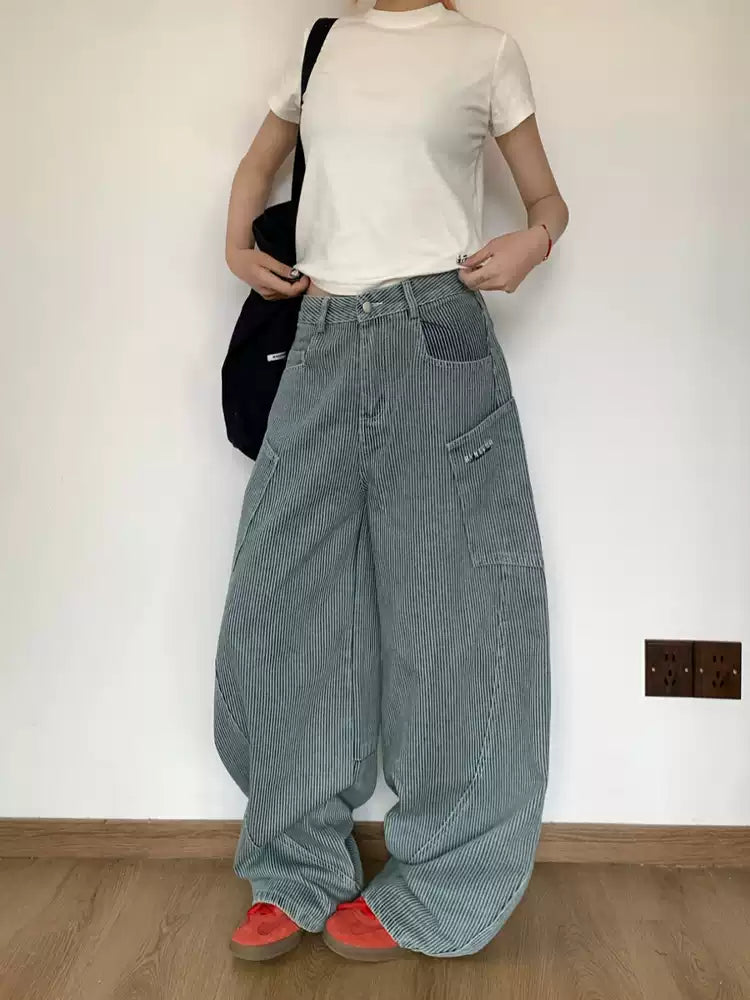 ビッグポケット付ストライプワイドデニムパンツ N417