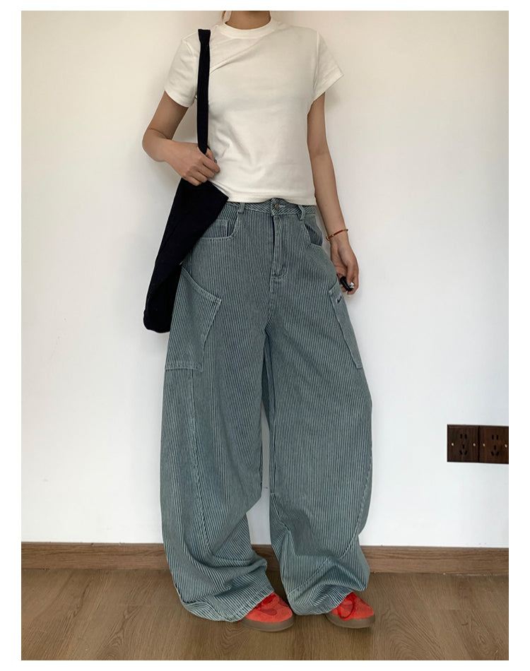 ビッグポケット付ストライプワイドデニムパンツ N417