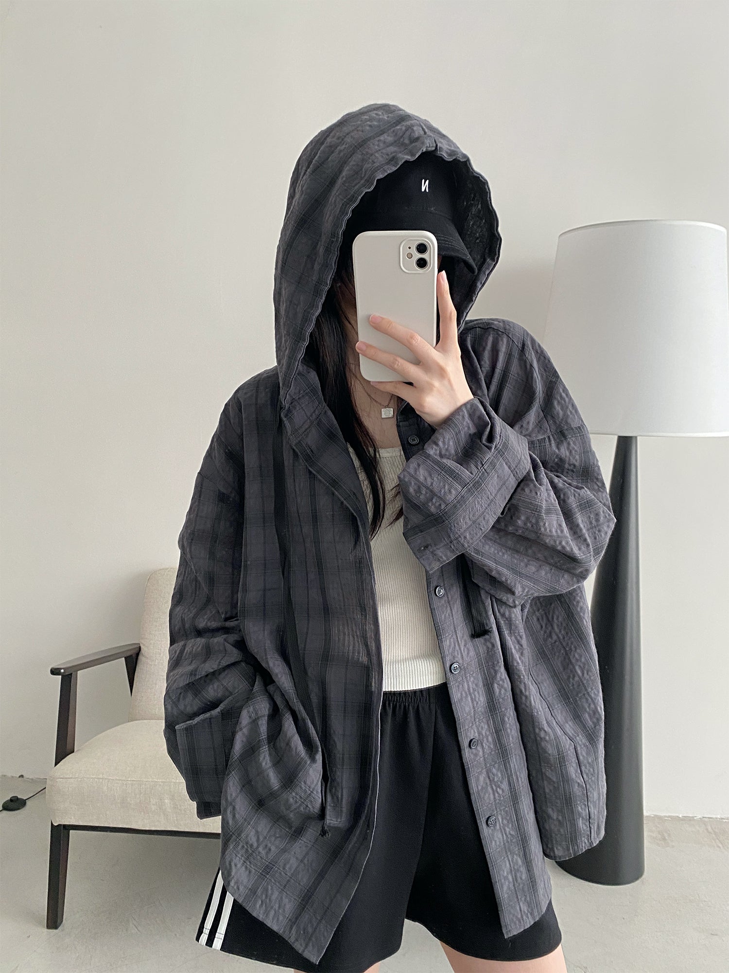 フード付きロングチェックシャツ N604