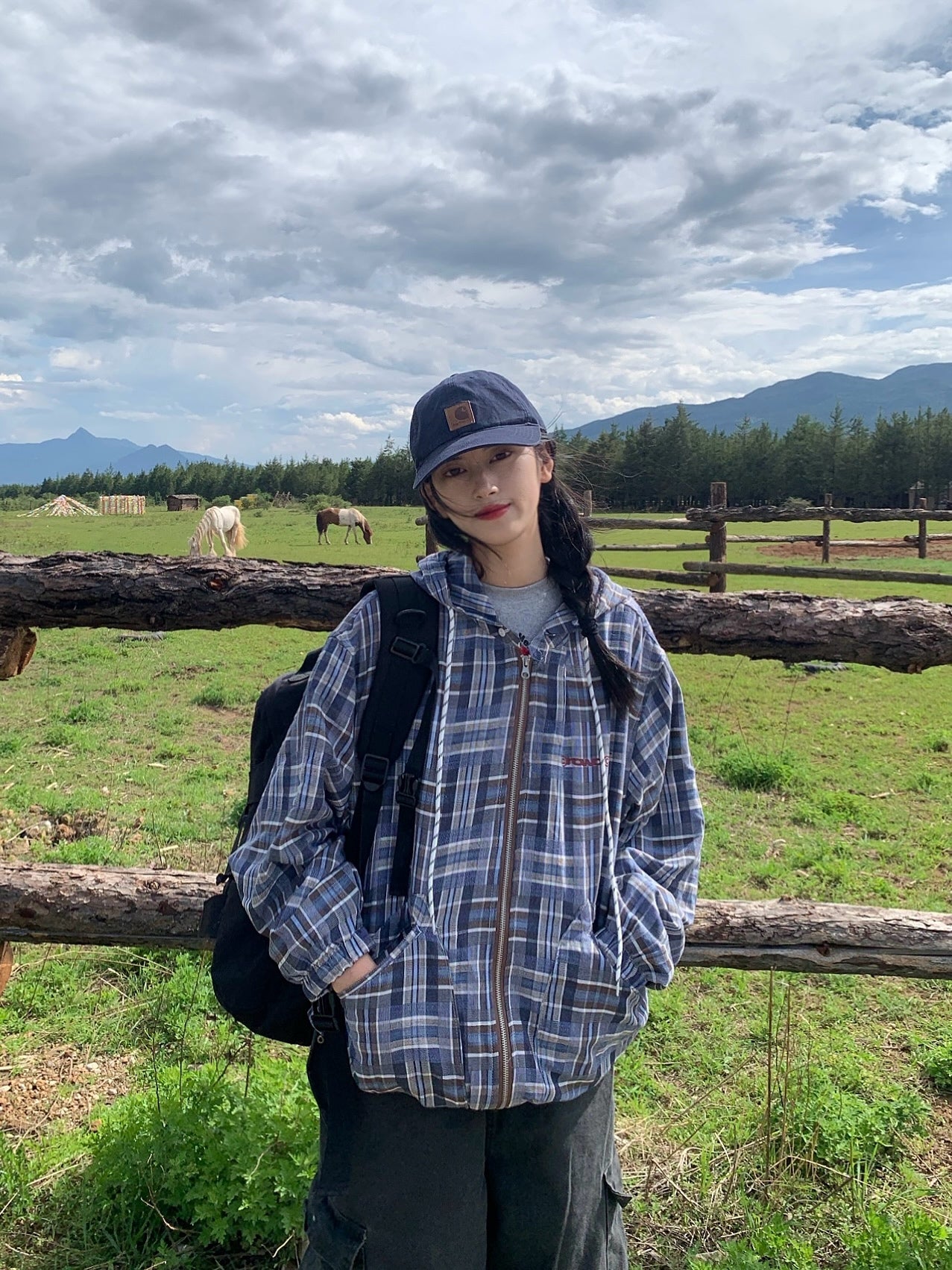 フード付きアシメチェックジャケット N131