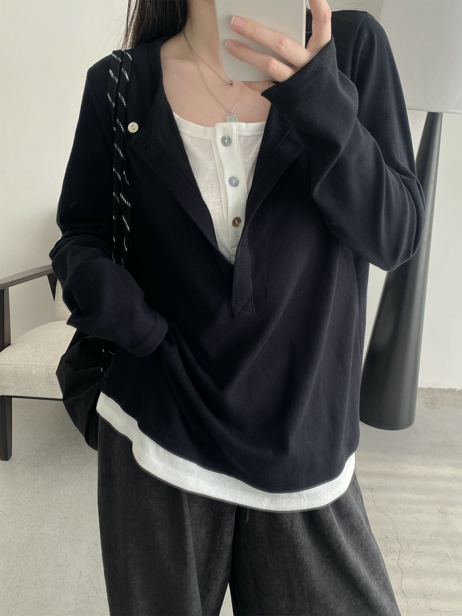 N606フェイクツーピース長袖Tシャツ N606