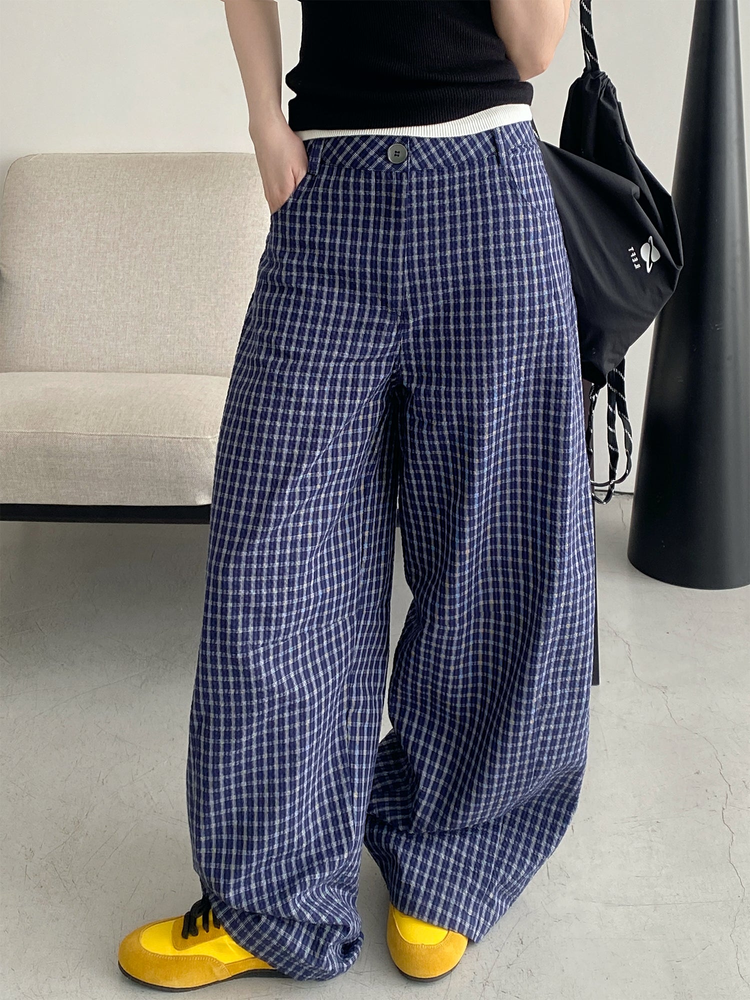 チェック柄ハイウエストワイドパンツ N466
