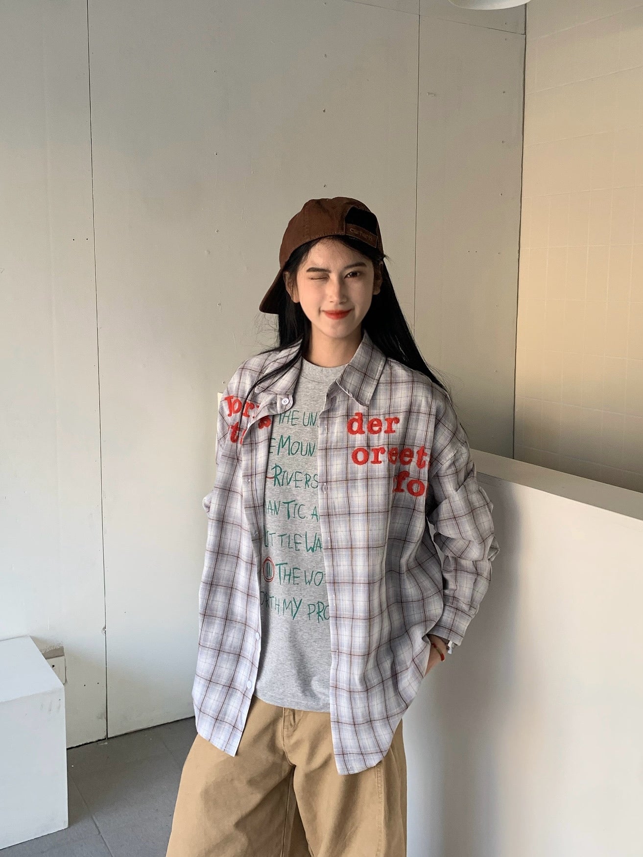 チェック柄レトロシャツユニセックス長袖 N460