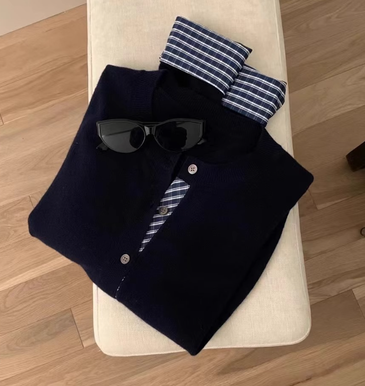 レイヤード風チェック切替ニットカーデ LLS-014