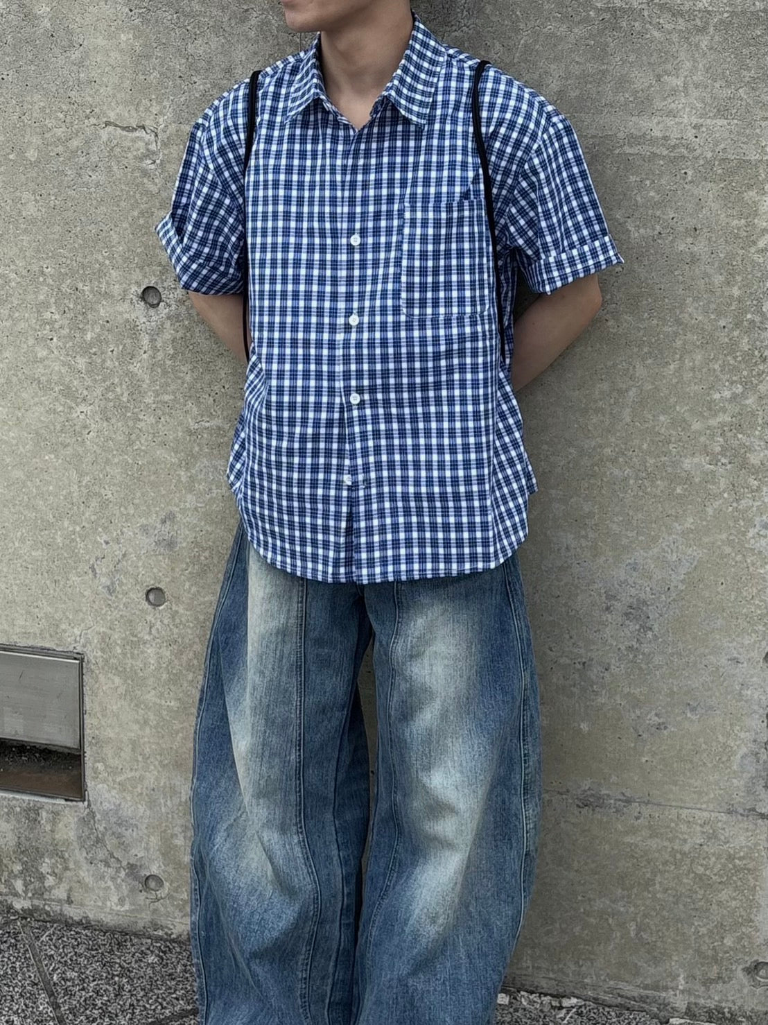 リラックスフィット・ブルーチェックシャツ OB003