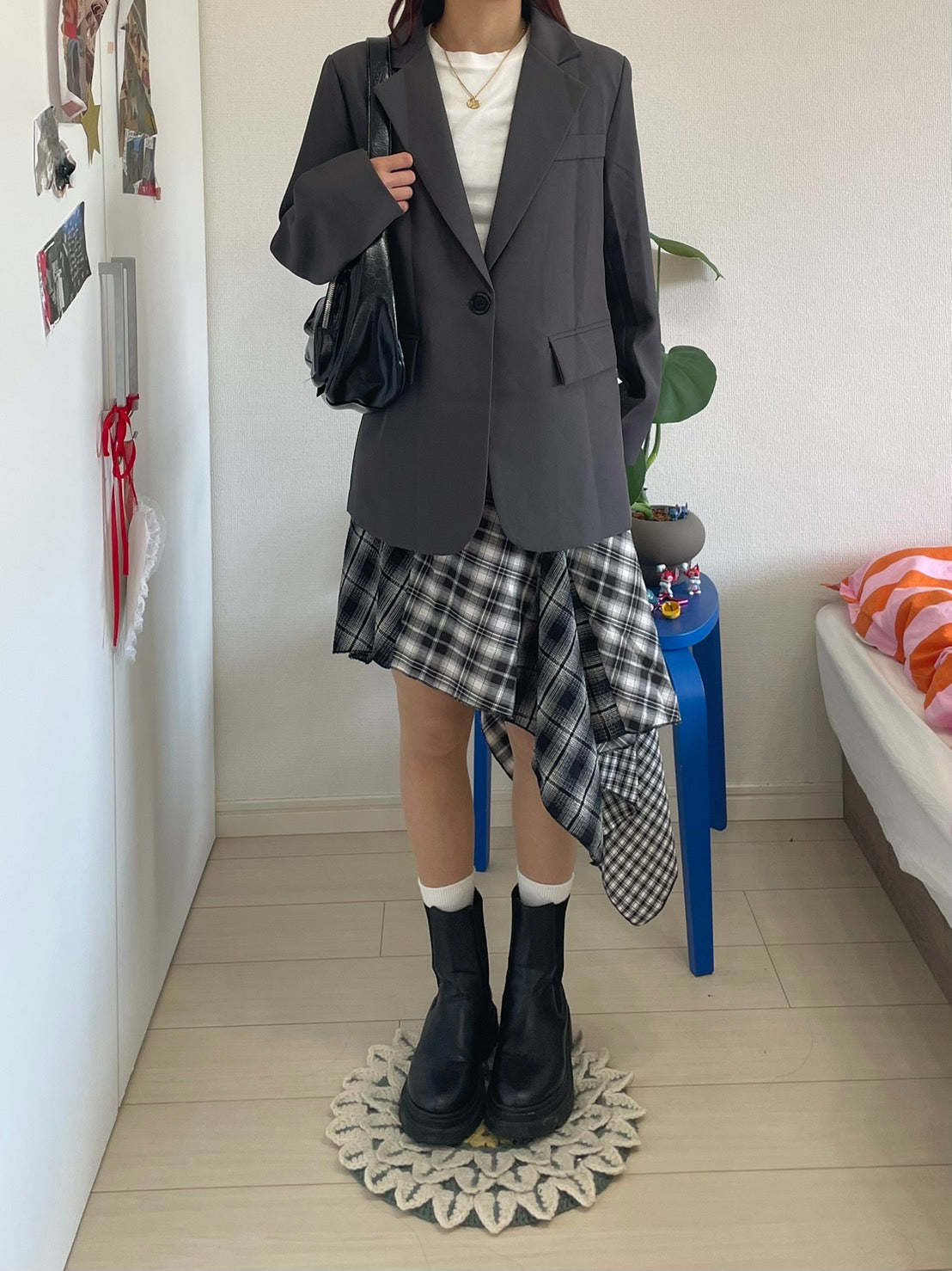 アシンメトリー・ドッキングチェック柄スカート BIBI-003