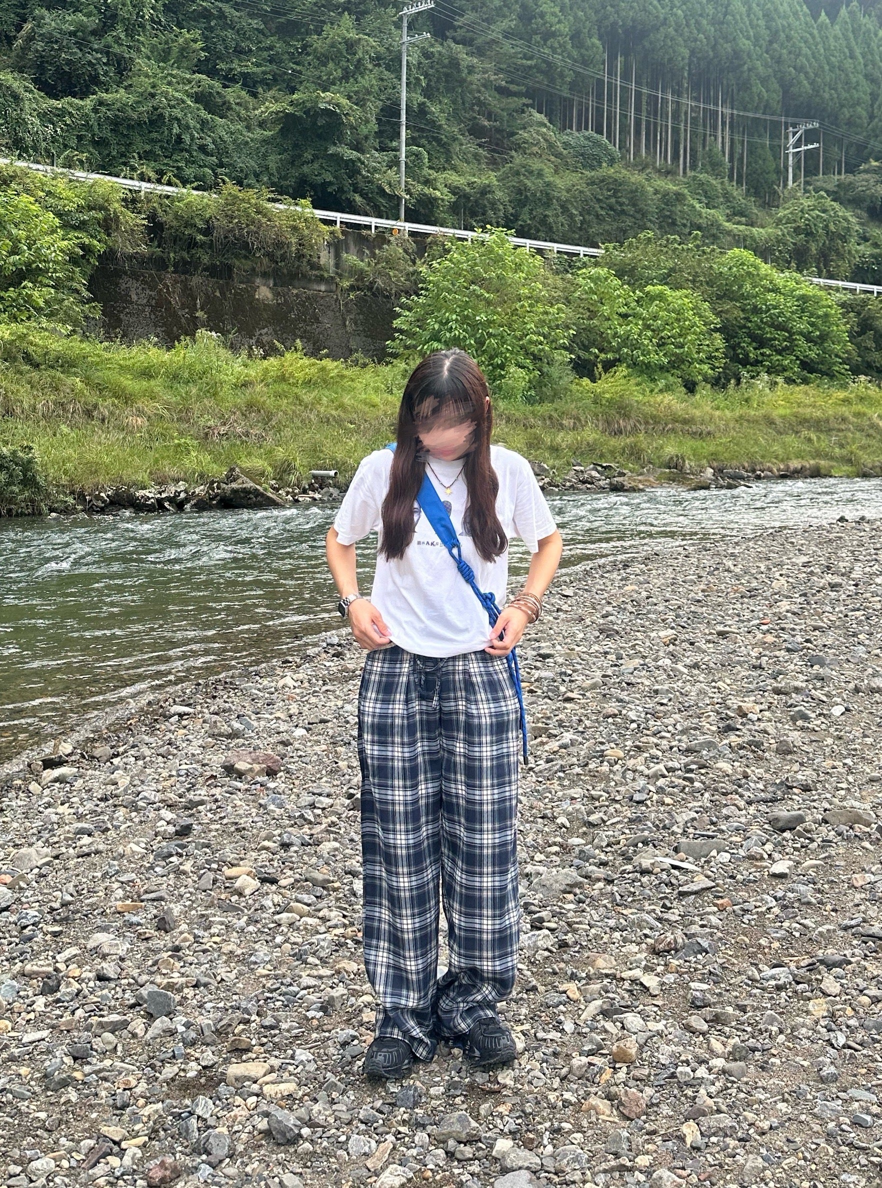 レイヤードウエスト・ドローストリングワイドチェックパンツ YT004