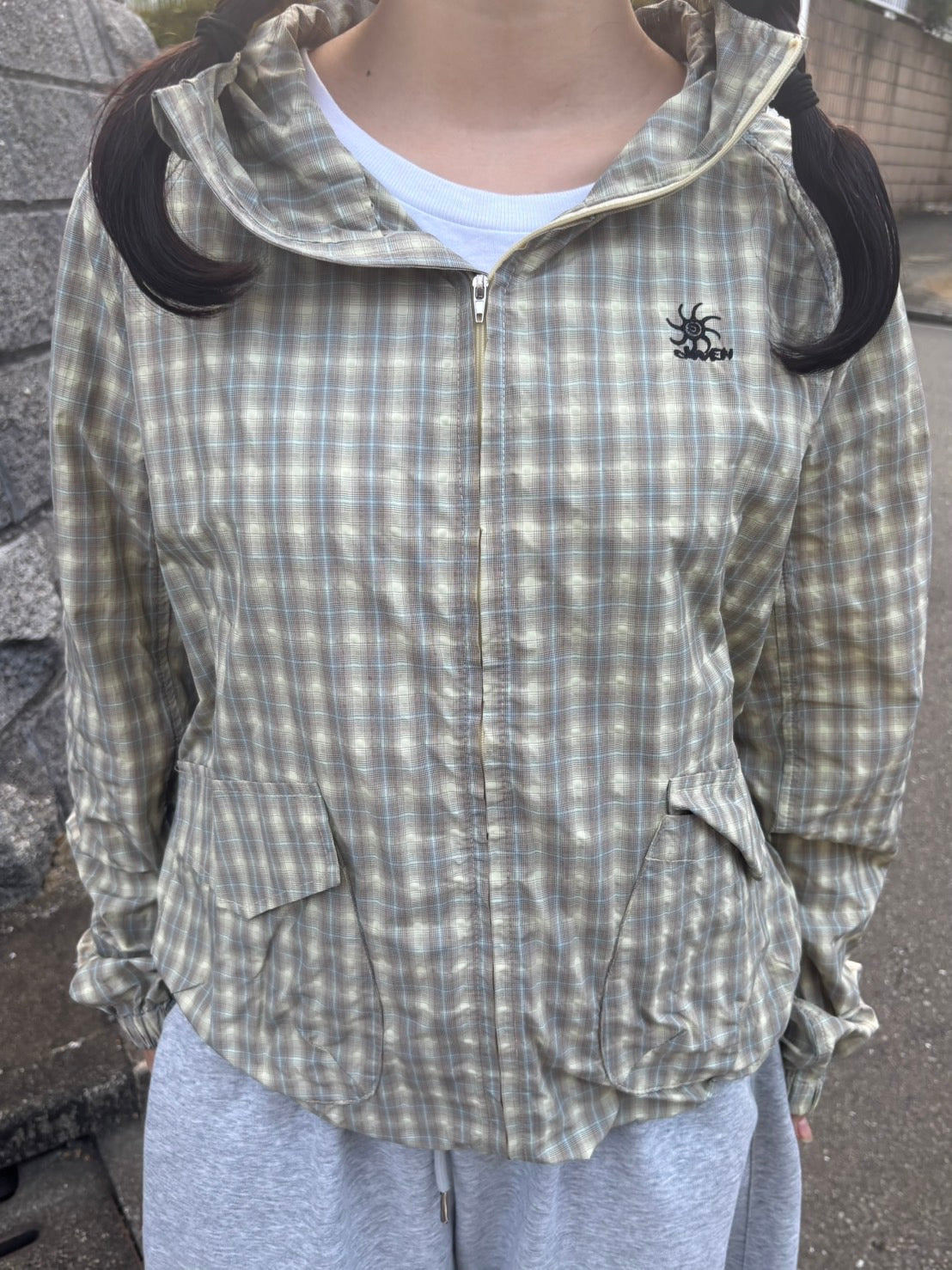 ドローコード付きナイロンチェックアノラック PC006