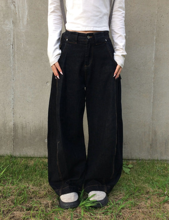 ヴィンテージ風ワイドブラックカーブデニム BC003