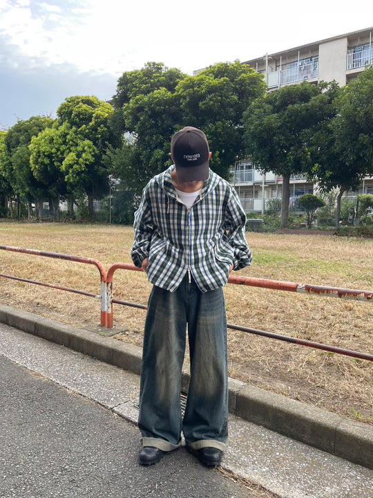 クロップド丈 ネルチェック フードジップブルゾン YMA-003