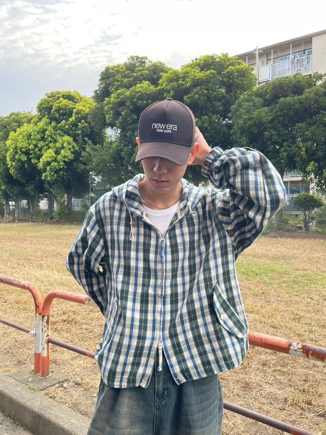 クロップド丈 ネルチェック フードジップブルゾン YMA-003