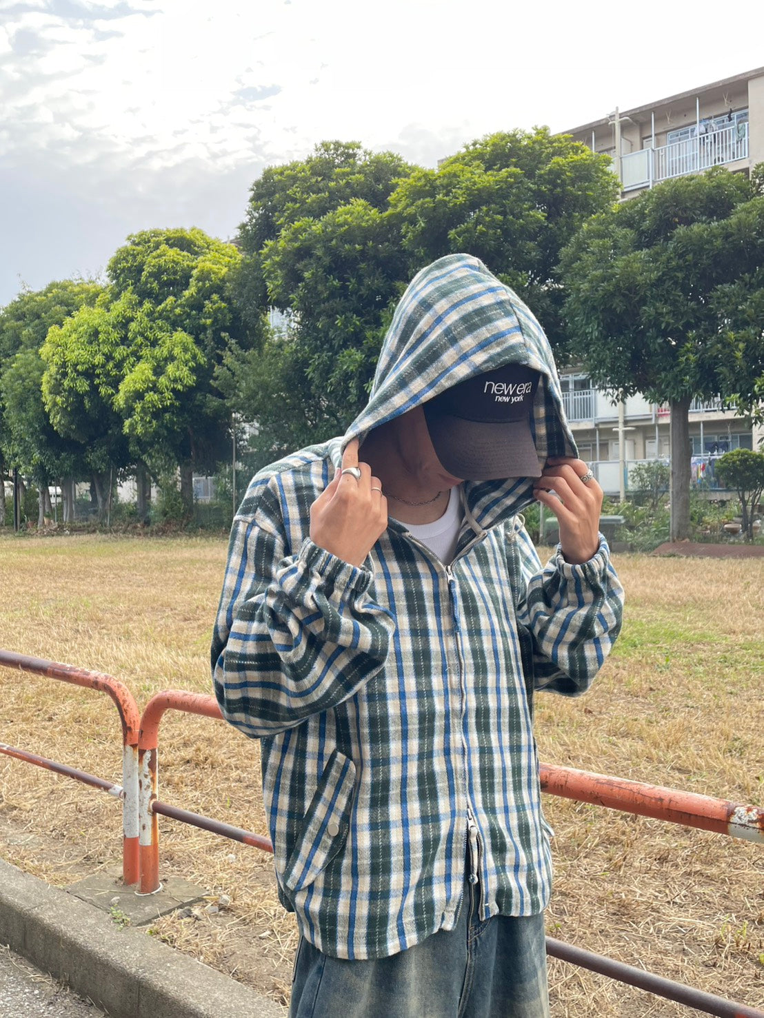 クロップド丈 ネルチェック フードジップブルゾン YMA-003