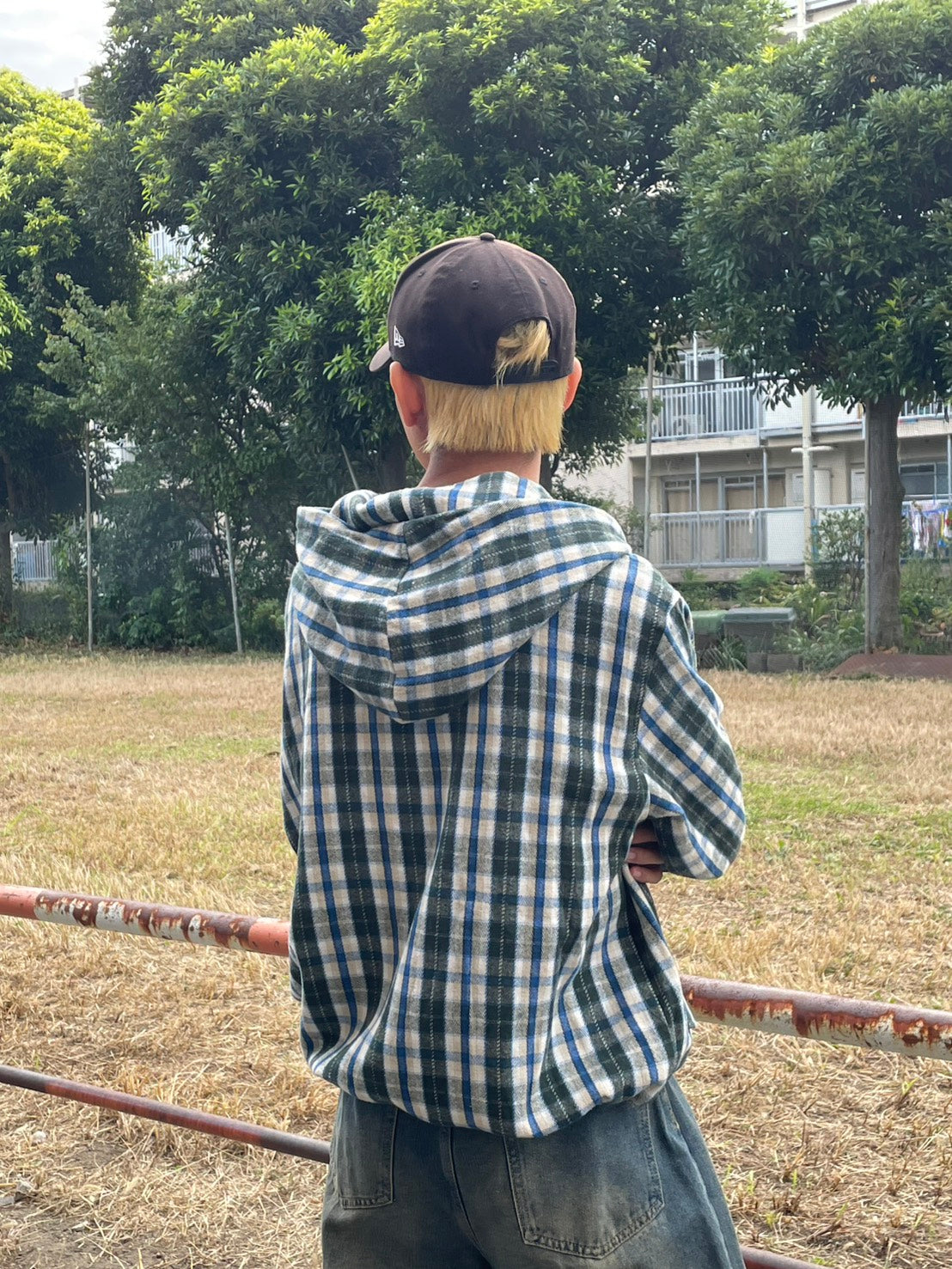 クロップド丈 ネルチェック フードジップブルゾン YMA-003