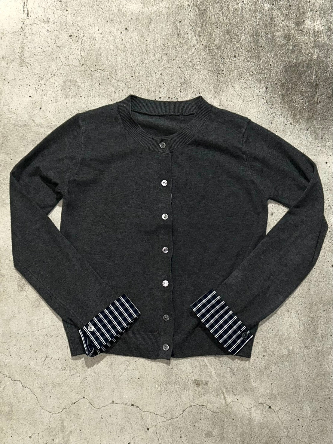 レイヤード風チェック切替ニットカーデ LLS-014