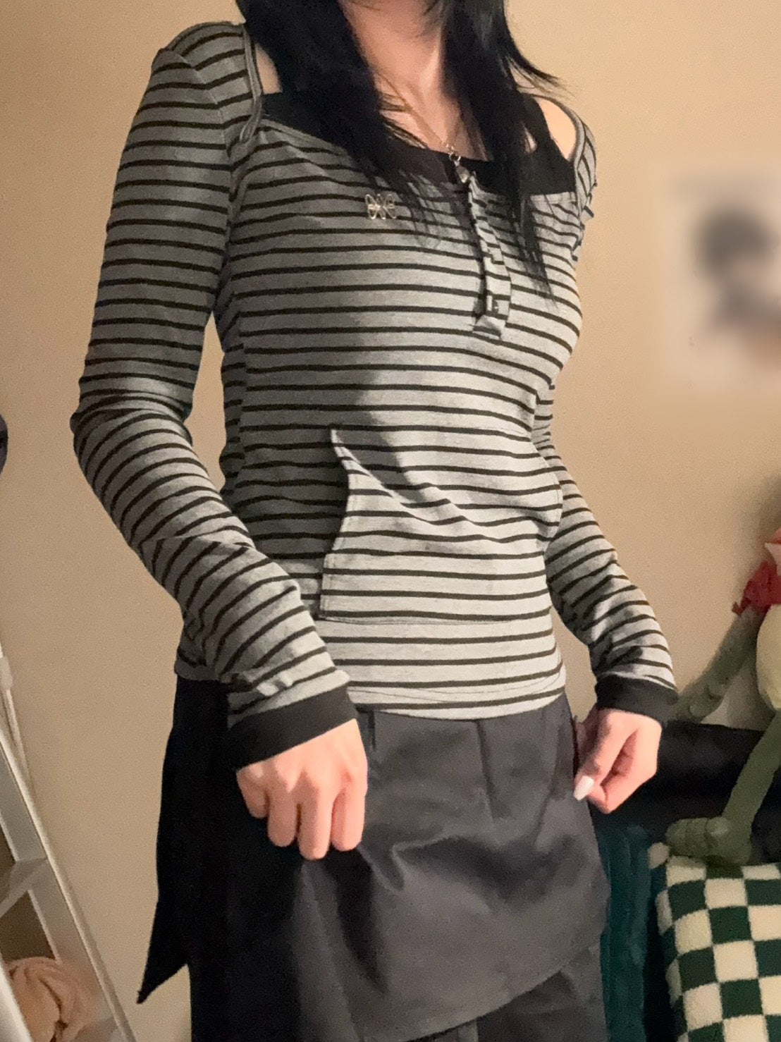 オフショルボーダーフェイクレイヤードT  LXY-001