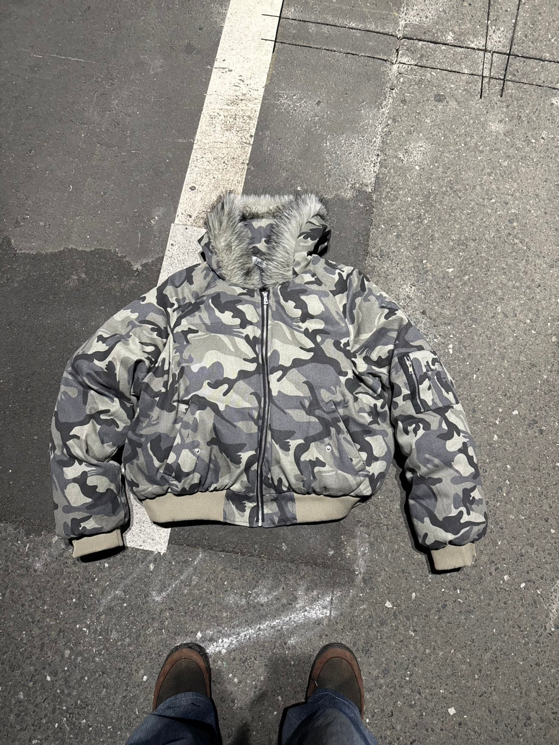 迷彩ファー付きフード中綿ショートジャケット PP006