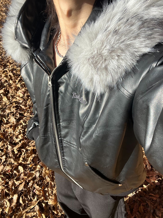 脱着ファー フーデッドPUショートブルゾン IP-004