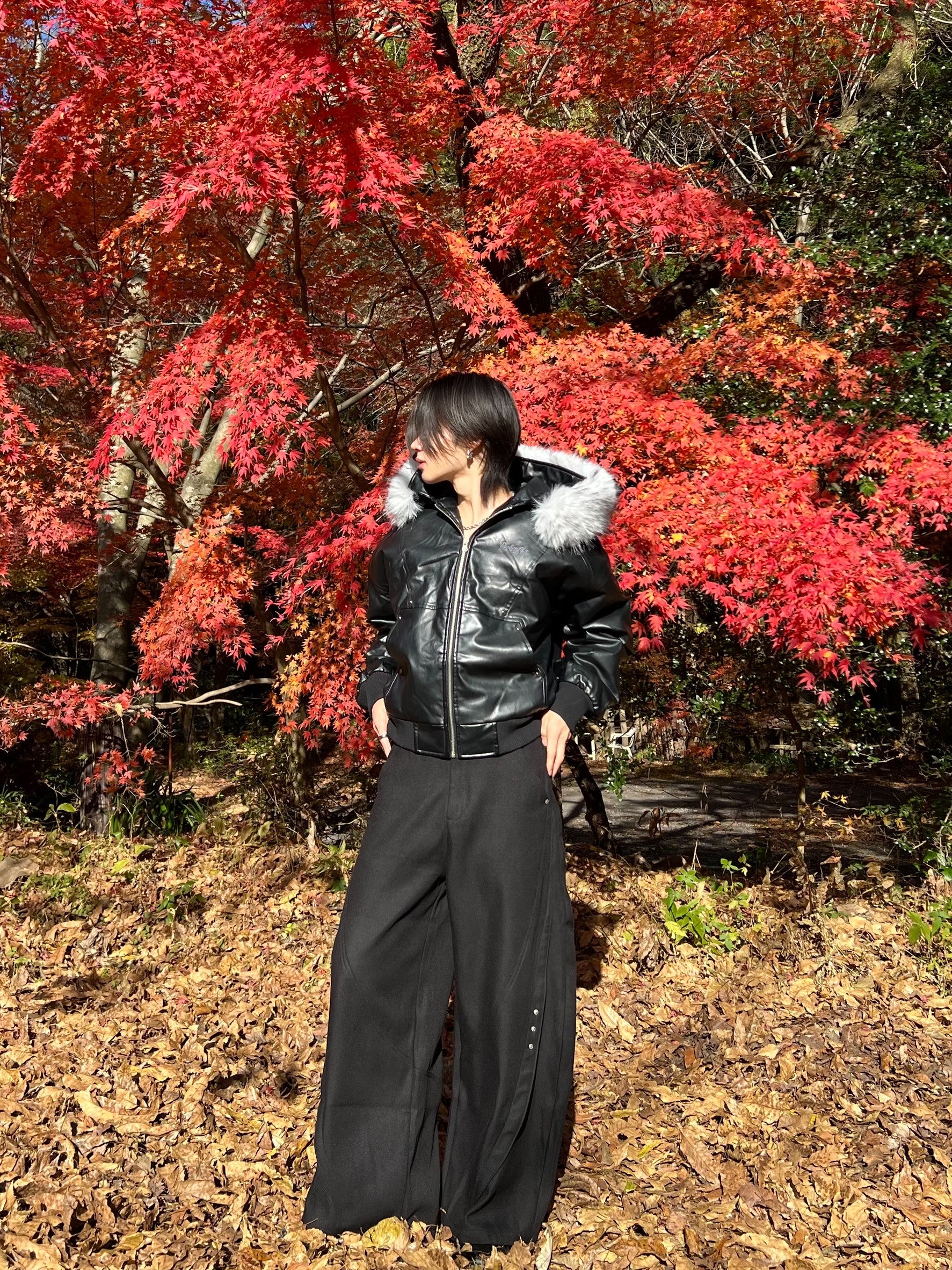 脱着ファー フーデッドPUショートブルゾン IP-004