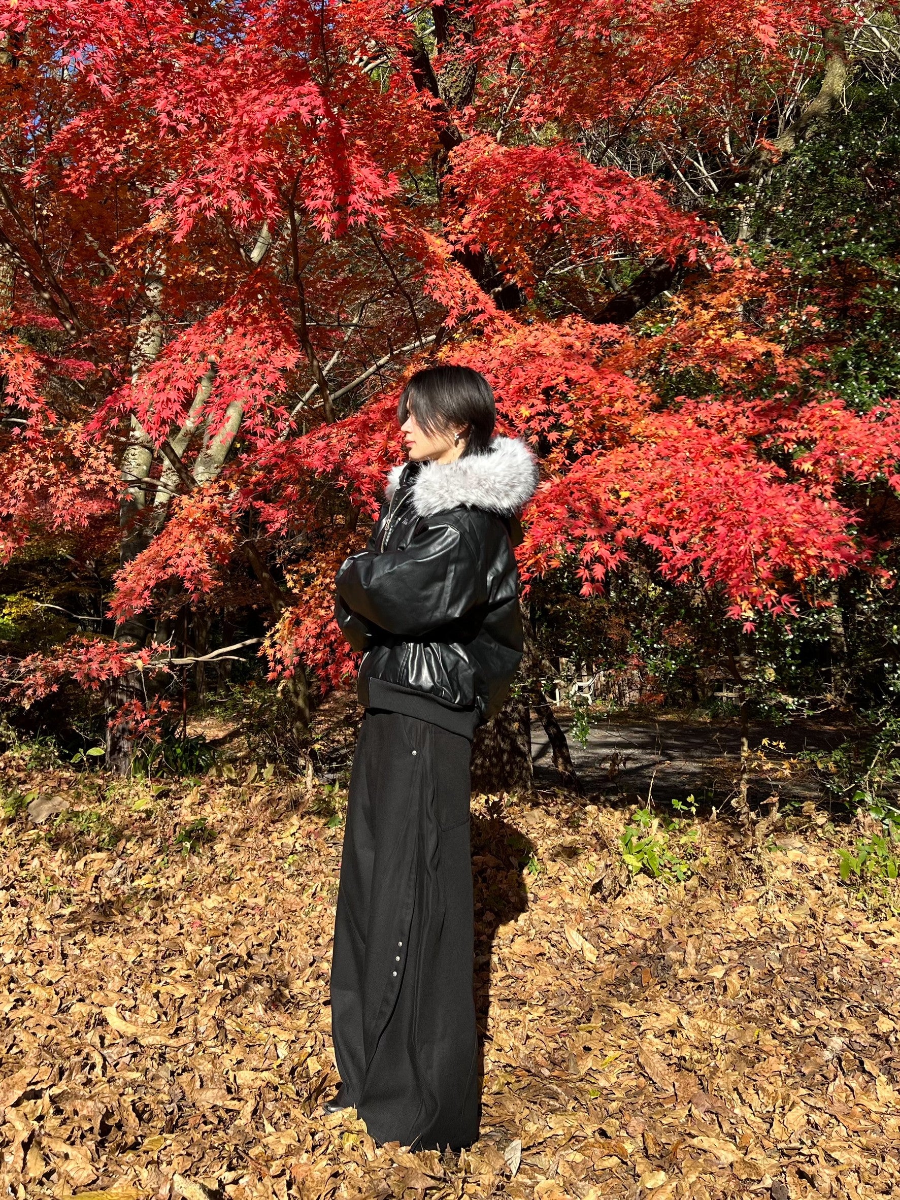 脱着ファー フーデッドPUショートブルゾン IP-004