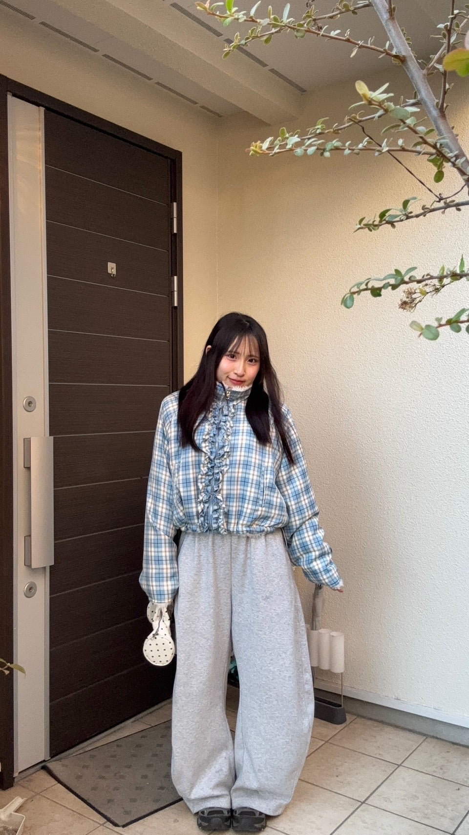 チェックフリルスタンドカラー短丈ボアジャケット PC-009