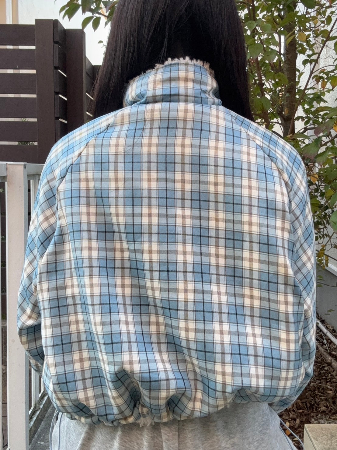 チェックフリルスタンドカラー短丈ボアジャケット PC-009