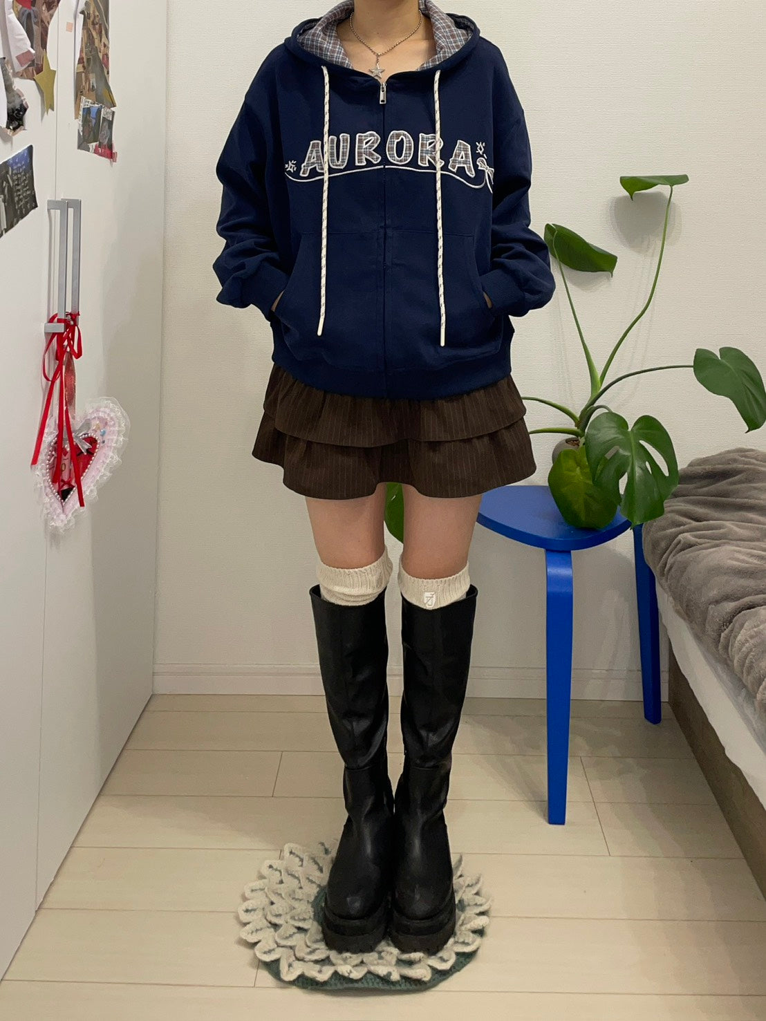 チェック切替ネイビージップフーディー BIBI-008