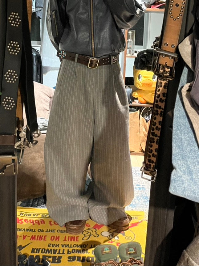 グレーストライプウールブレンドワイドスラックス MEN-014