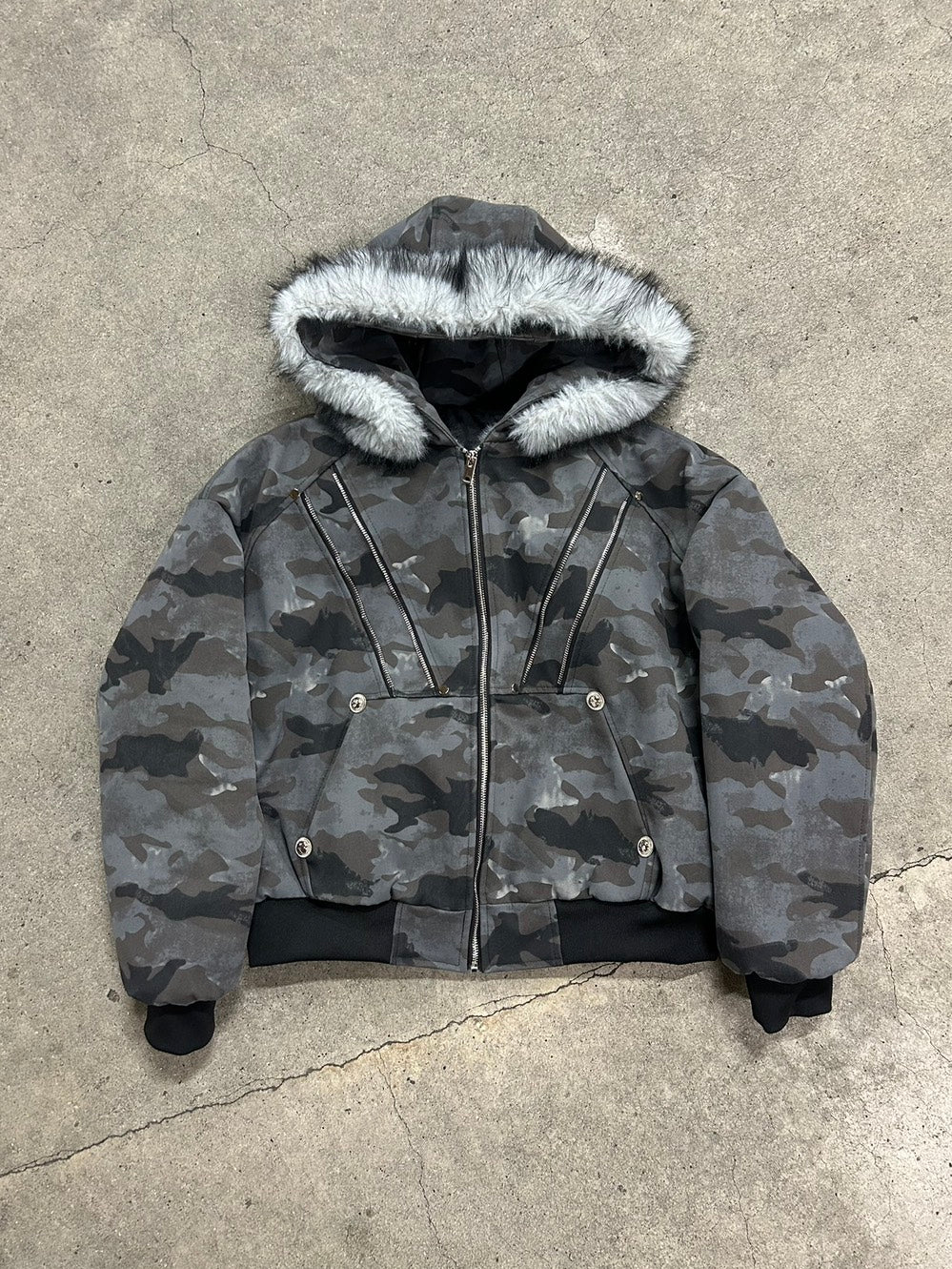 ファーフード付きカモフラ中綿ボンバージャケット MI-040