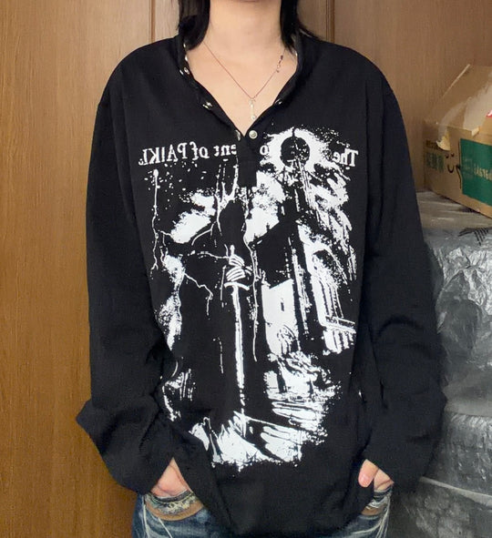 ゴシックプリント構築ヘンリー長袖トップス AKA-006