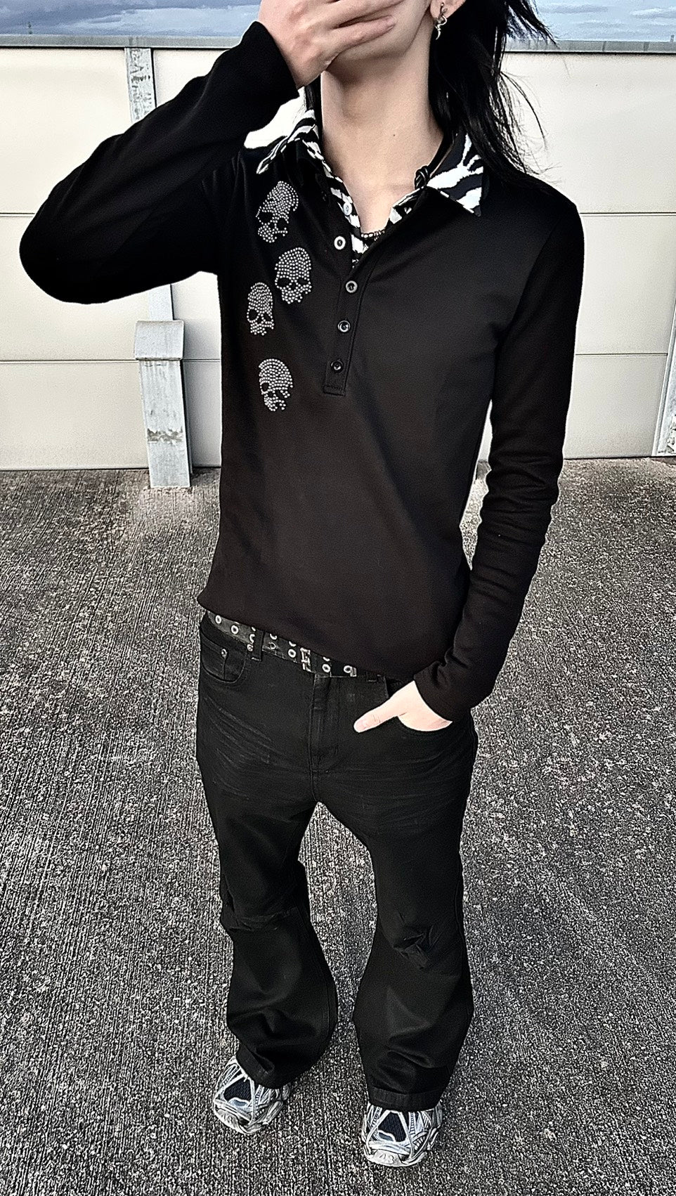 スカルビジュー襟切替ポロロンT BDW006