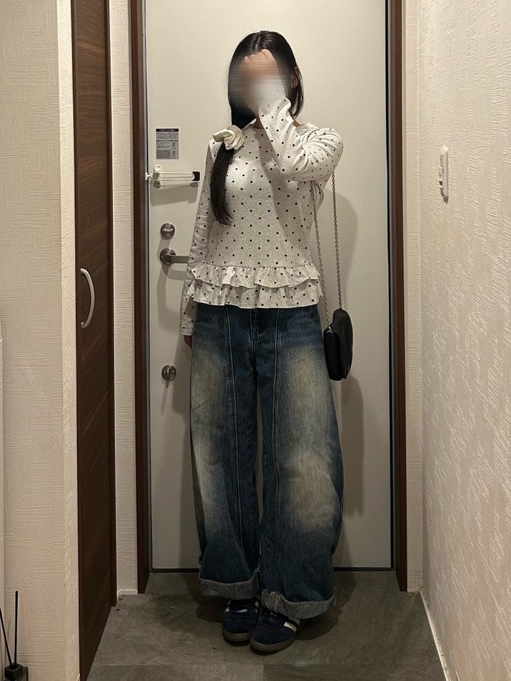 ドット柄フリル裾リボン バレエコアロングスリーブT OT-050