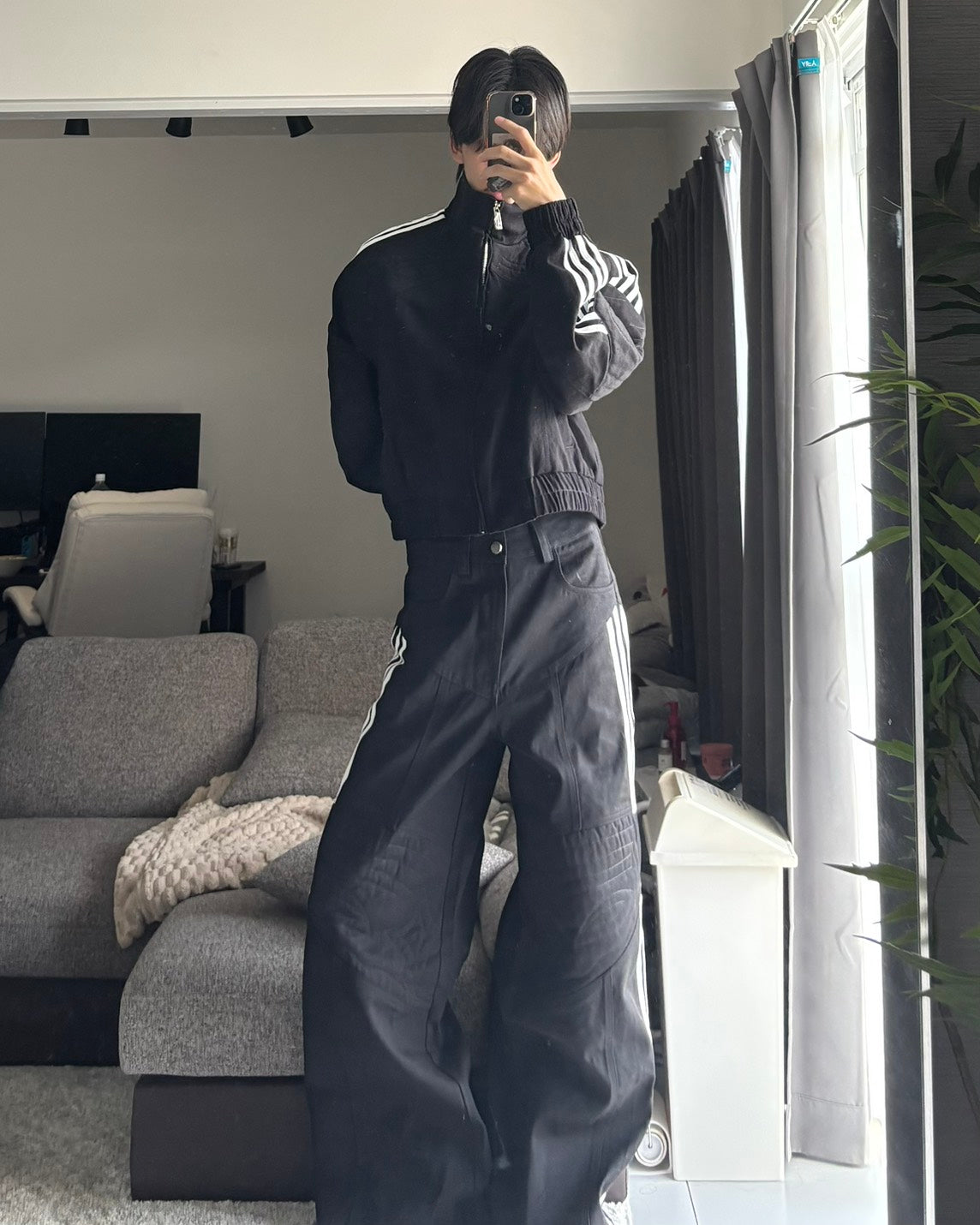 4ラインサイドテープ ブラックワイドデニムパンツ HOR-007