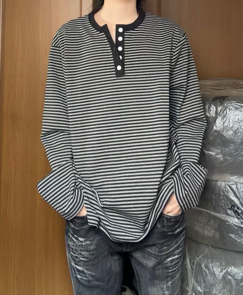 バイカラーネック ボーダーヘンリーロングスリーブT AKA-010