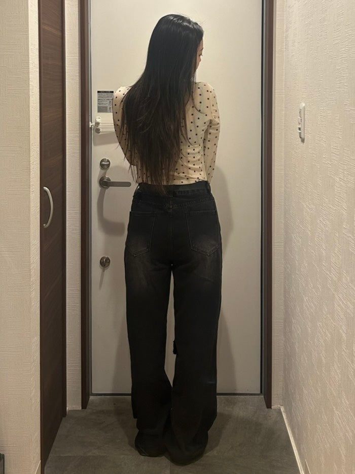 ドット柄シアー長袖フィットトップス OT-057