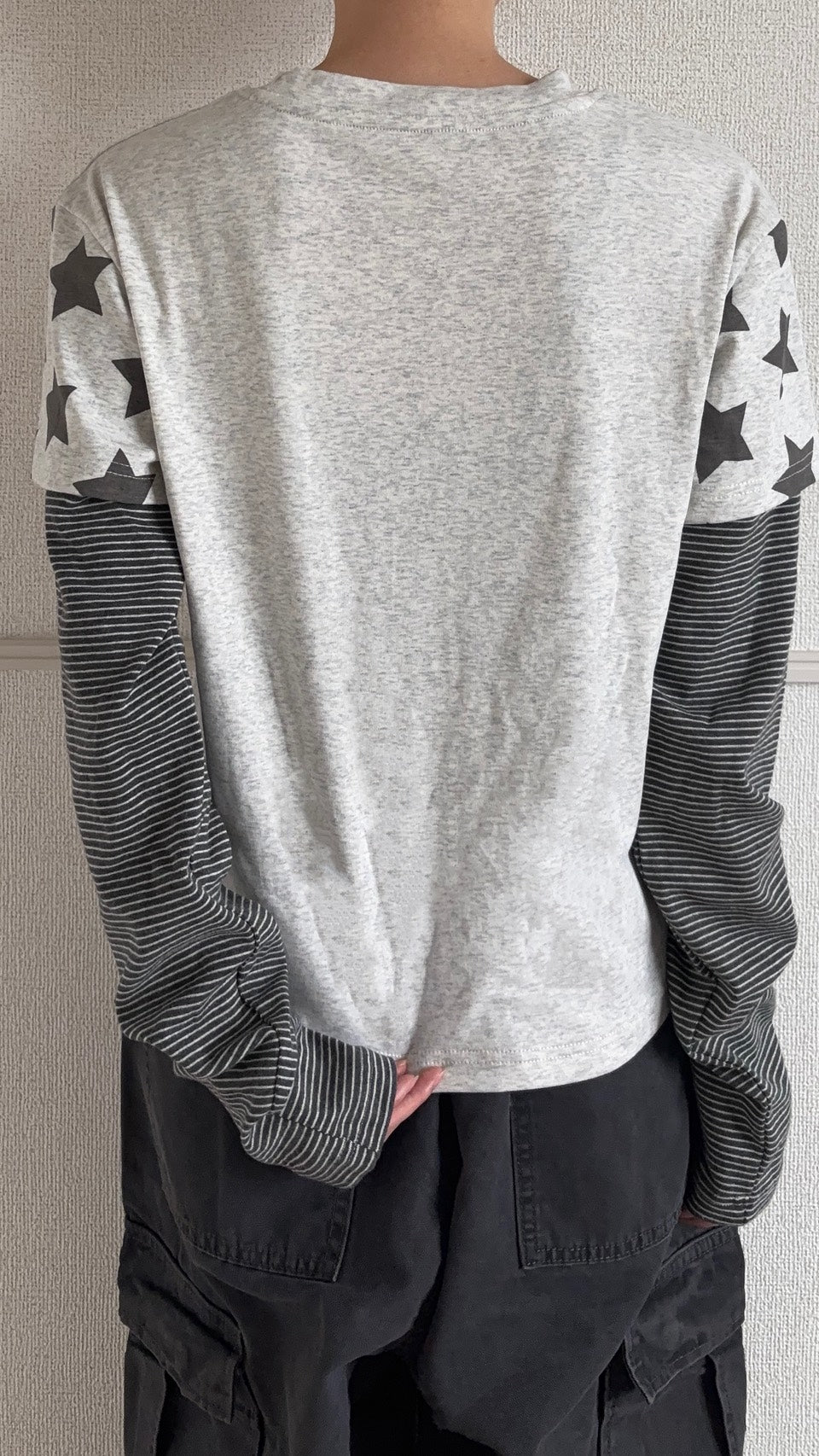 スター柄ボーダー袖レイヤード長袖Tシャツ SCK-054