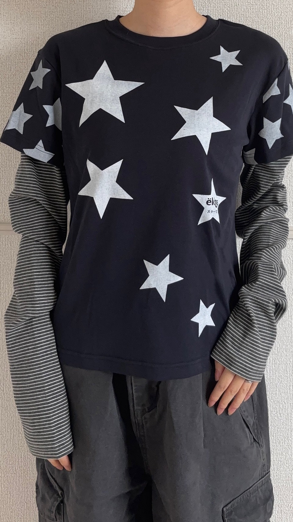 スター柄ボーダー袖レイヤード長袖Tシャツ SCK-054