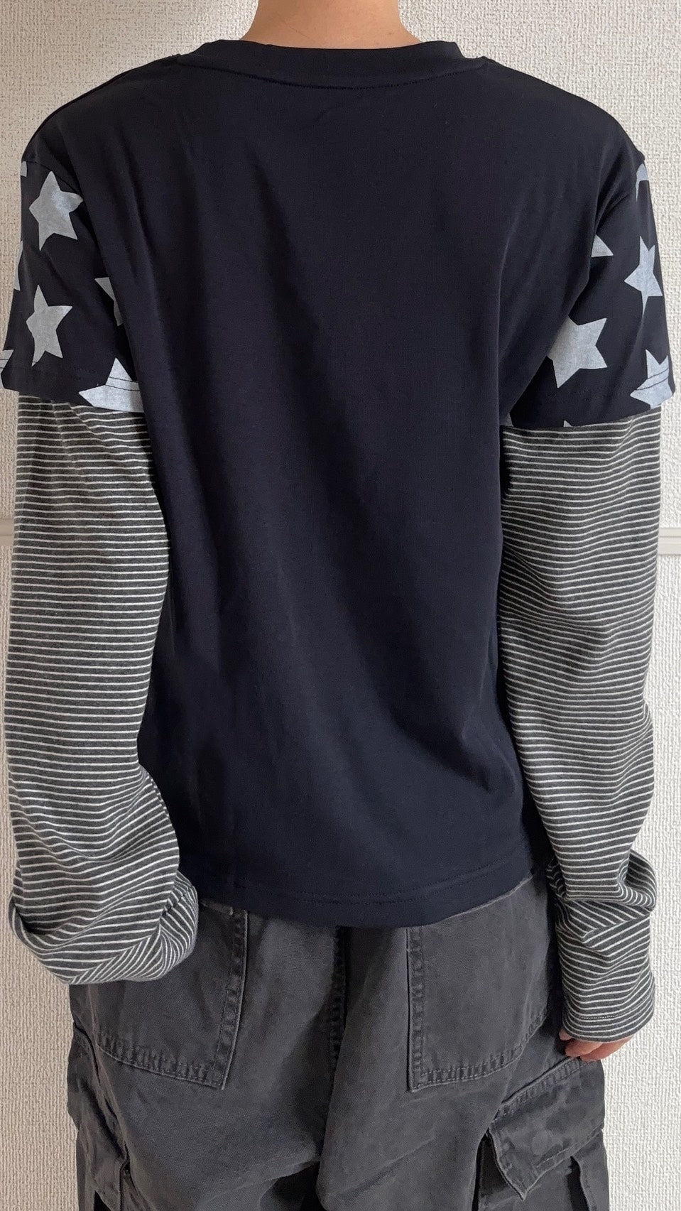 スター柄ボーダー袖レイヤード長袖Tシャツ SCK-054