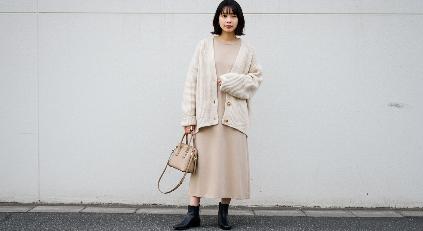 原宿でのストリートスナップ。ベージュのミモレ丈ワンピースとカーディガンで作る、ナチュラルな初デートコーデ