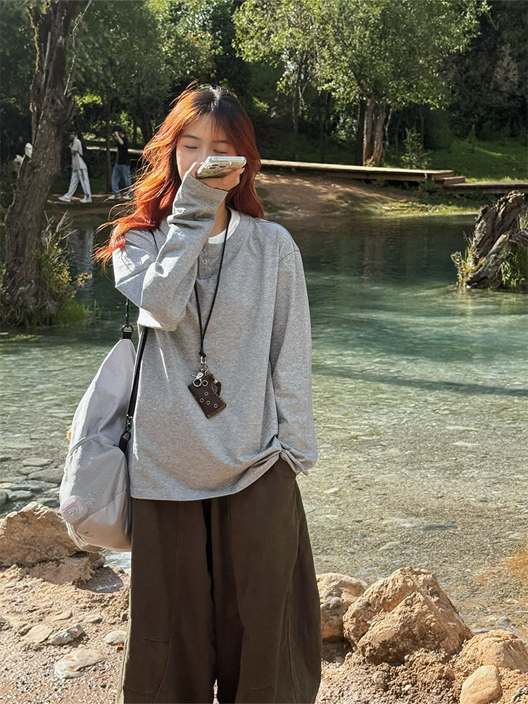 フェイクツーピースヘンリーカラー長袖Tシャツ    N593