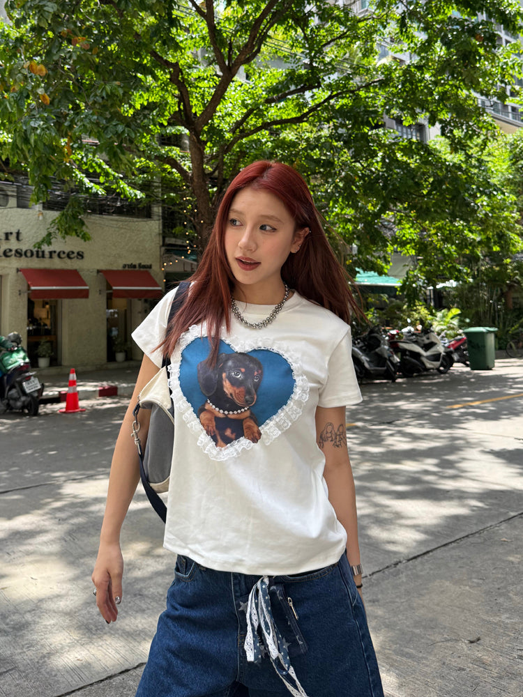 レースハート ダックスフンドTシャツ   N502