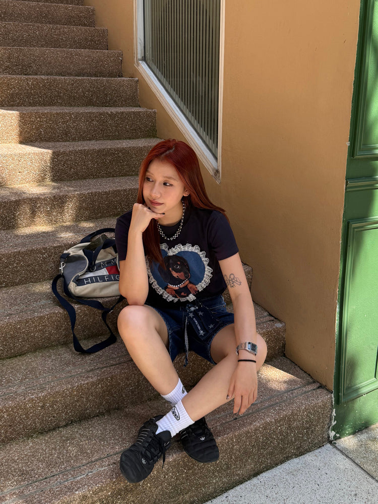 レースハート ダックスフンドTシャツ   N502