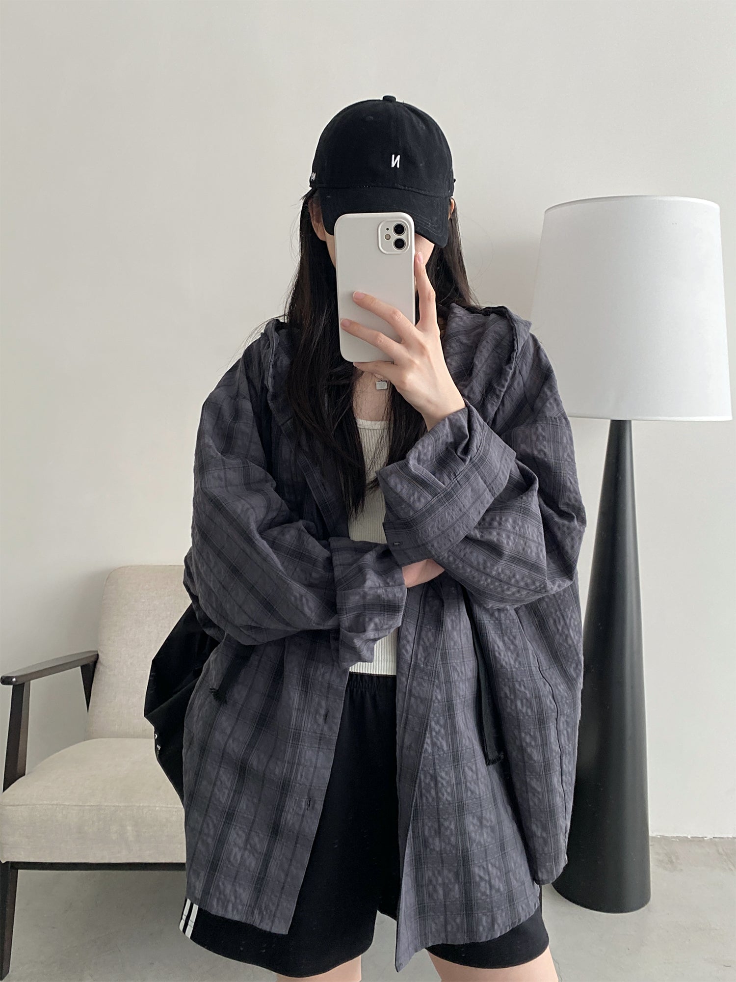 フード付きロングチェックシャツ    N604